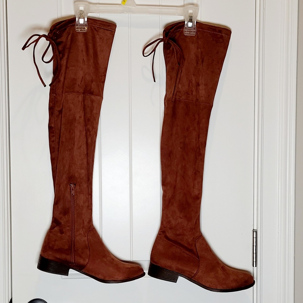 A New Day Sidney Over-the-Knee Boots Women 8 Cognac Brown Faux Suede Flat NWT